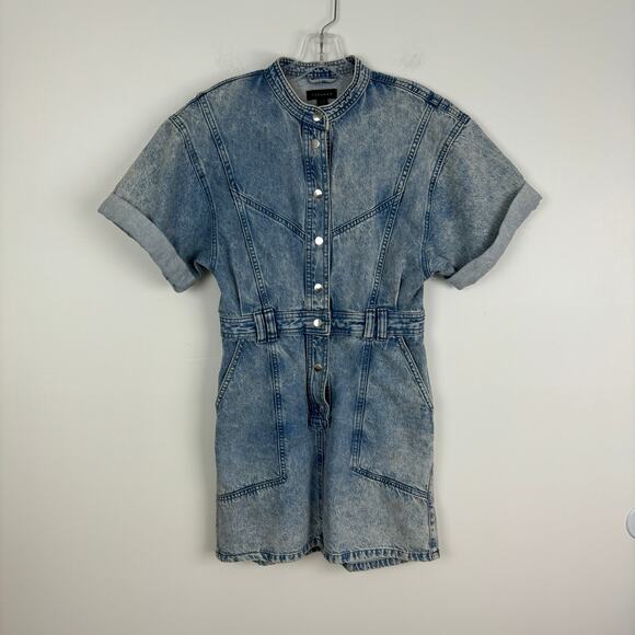 NWOT Topshop Acid Wash Denim Shirt Dress Y2K Utility Snap Button 6 - Picture 3 of 12